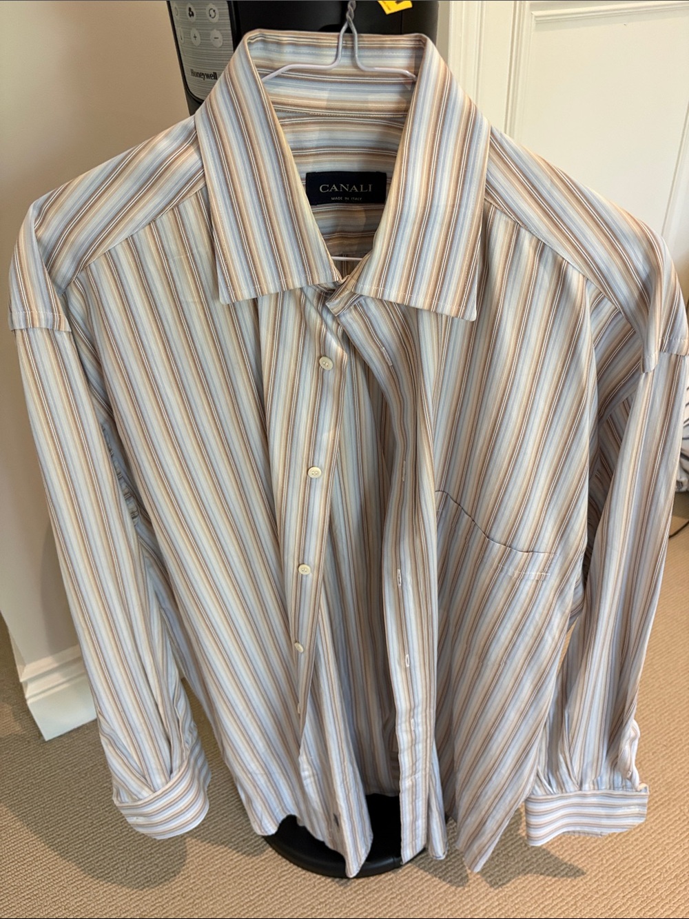 Canali Striped Dress Shirt in Blue, Tan and Cream